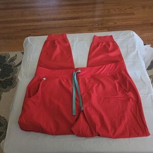 Figs Red Scrub Pants with Teal Drawstring
